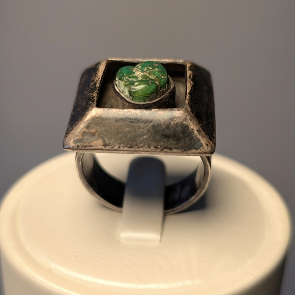 Rare Vintage Sterling Silver Turquoise Shadow Box Ring Size 9 - Picture 3 of 12